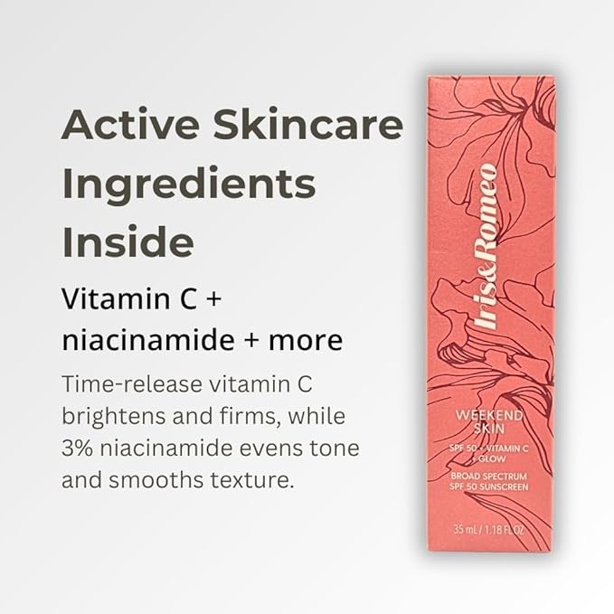 IRIS&ampROMEO Weekend Skin SPF 50 Instant Glow Tinted Mineral Sunscreen with Vitamin C + Niacinamide Full Size 1.18 Oz - Universal Glow (Sheer Luminosity)