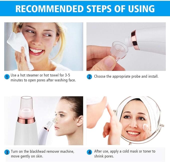 USB Rechargeable Blackhead Remover Vacuum 3-Level Suction Power Facial Pore Cleaner with 6 Probes for Effective Pore Cleansing Skin Care Tool for All Skin Types