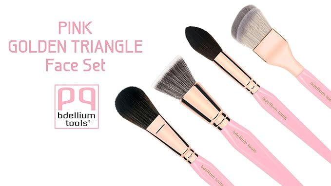 Bdellium Tools Pink Golden Triangle Face Makeup Brush Set - with Soft Synthetic Bristles and Rose Gold Brass Ferrule for a Flawless Appearance (Pink 4 pcs)