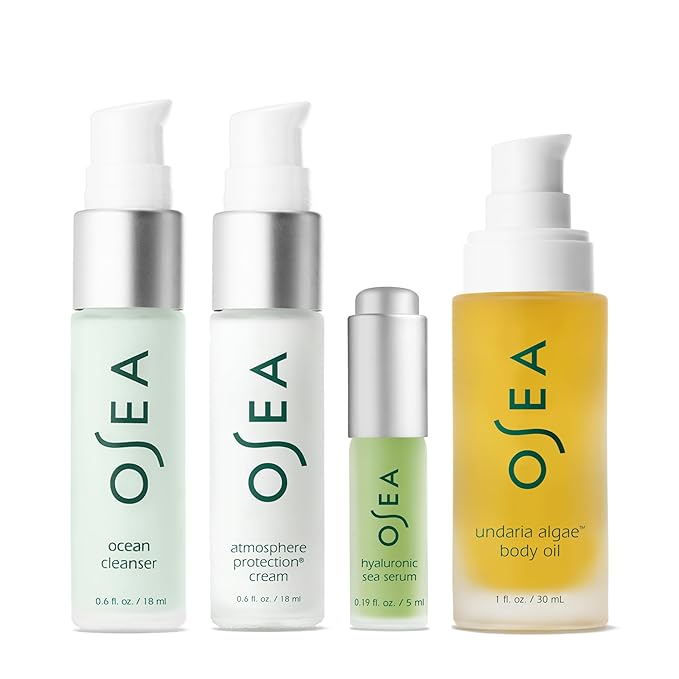 OSEA Bestsellers Set For Face + Body -4-piece Skin Care Set - Body Oil Face Cleanser Face Cream &amp Hyaluronic Acid Serum - Clean Beauty Travel Set - Ideal for Beauty Gifts