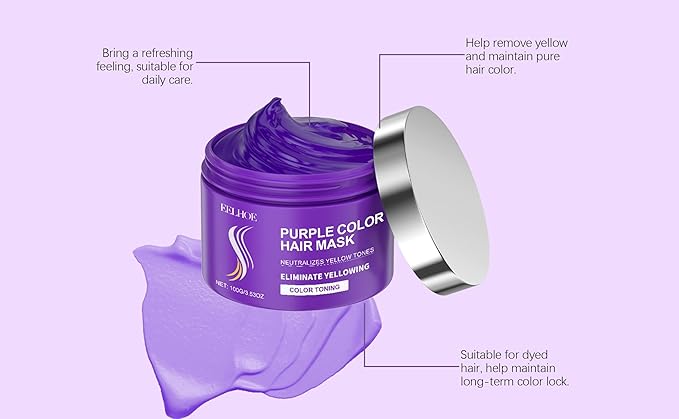AMALIA Purple Hair Mask Color Toning Treatment Neutralizes Yellow Tones Moisturizing Hair Care 3.53 oz