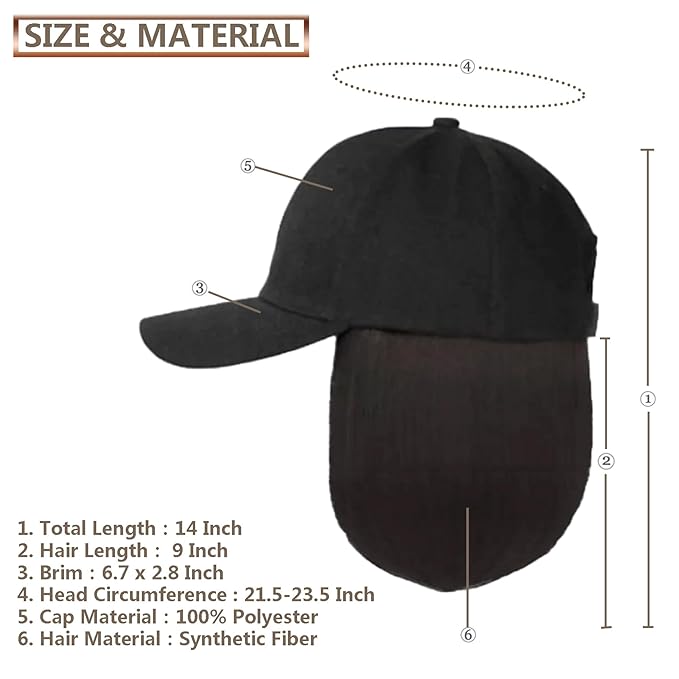 10 Black Baseball Cap with Hair Extensions Short Bob Hairstyle Adjustable Hat Wig Attached Synthetic Hairpiece for Women Daily Use Black Brown Hair