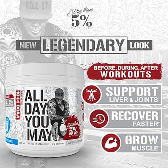 5% Nutrition Rich Piana AllDayYouMay Caffeinated BCAA Powder Premium Intra &amp Post Workout Amino Acids Hydration Endurance Muscle Recovery Joint &amp Liver Support | 16.93 oz 30 Servings Frui