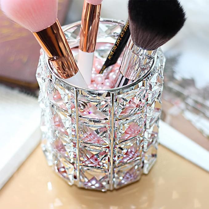 LUEXBOX 4 PCS Crystal Makeup Brush Holder Bling Makeup Tools Organizer Round Cosmetics Brush Storage Container for Table Dresser Bathroom Bedroom Organization (Silver)
