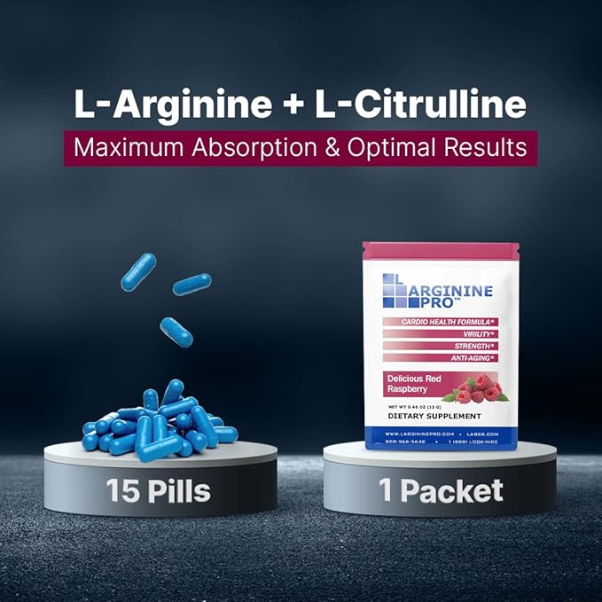 L-ARGININE PRO Supplement Powder | 60 Packets Single Serve Travel Size | 5500mg of L-arginine Plus 1100mg L-Citrulline Raspberry
