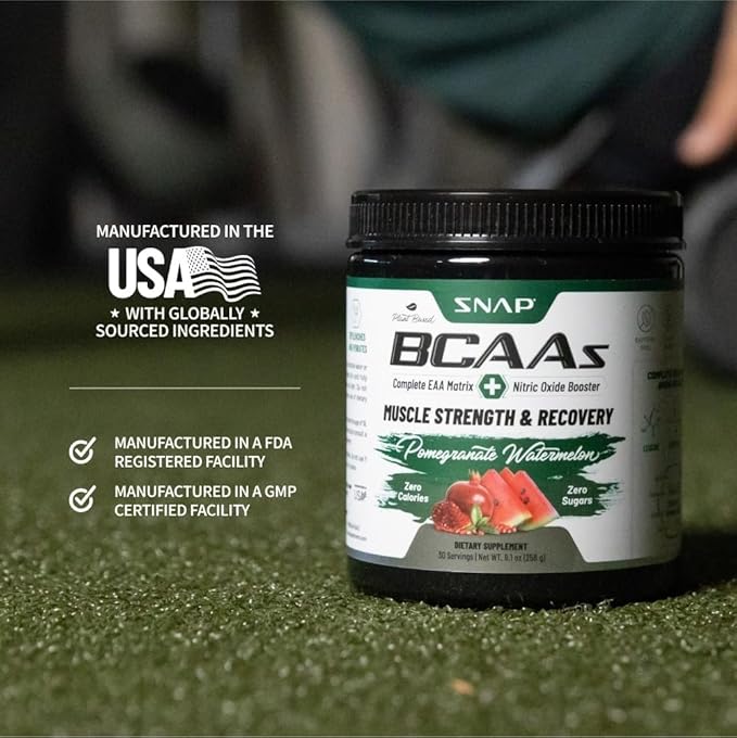 Snap BCAA Powder Essential Amino Energy Supplement with Nitric Oxide Booster - Watermelon Flavor - Pre Workout Powder Recovery Supplements Post Workout Muscle Strength &amp Performance (30 Servings