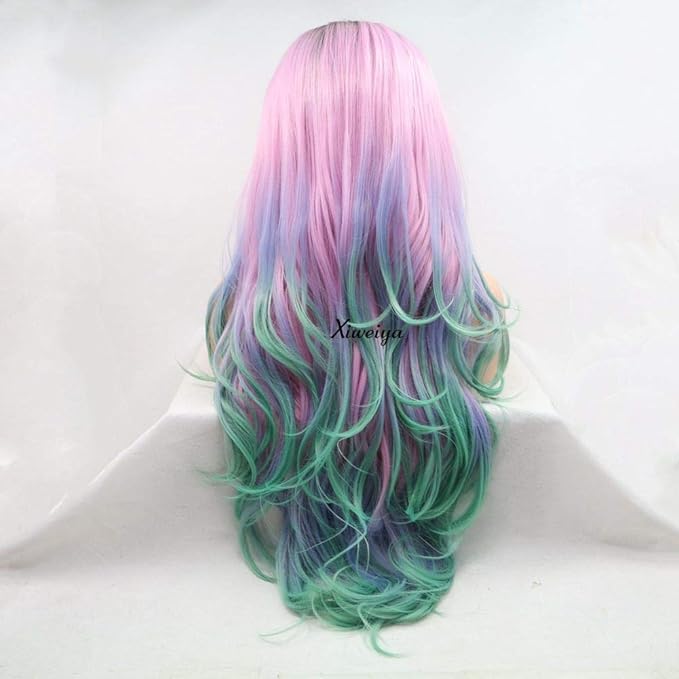 xiweiya Pink to Blue Green Ombre Wavy Wig 24 Long 180% Density Heat Resistant Synthetic Hair Lace Front Medium Cap Size 22.5 Inches