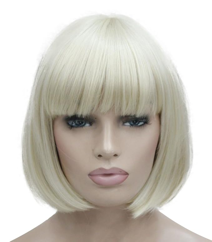 Lydell 8 Straight Short Bob Hair Flat Bangs Cute Central Dot Skin Top Heat Resistant Synthetic Wigs (614 Pale Blonde)
