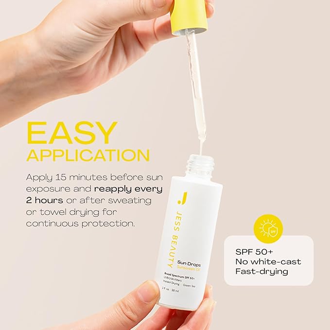 JESS BEAUTY | Face Sunscreen Sun Drops SPF 50 Skin Care Oil with Camellia Sinensis &amp Squalane | Skincare Fast Drying 1 fl. oz