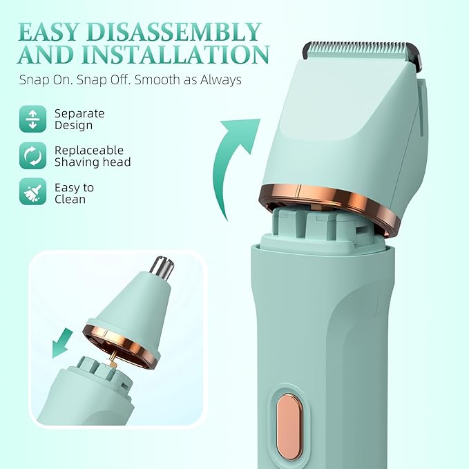5-in-1 Bikini Trimmer for Women IPX7 Waterproof Electric Razors Shaver Cordless Body Hair Trimmer Facial &amp Pubic Hair Removal Ceramic Blade (Pure Green)