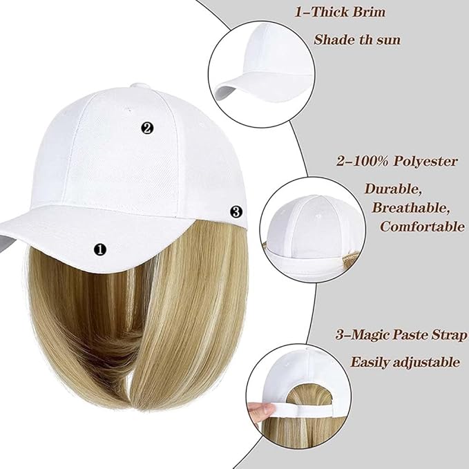 Woman Baseball Cap with Hair Extensions Straight Short Bob Hairstyle Adjustable Wig Hat 14inch Duck Tongue Hat Wig