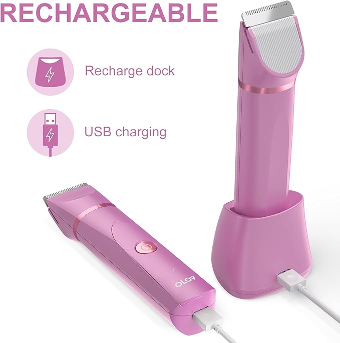 OLOV Electric Body Hair Trimmer - Groin Trimmer for Men - Bikini Trimmer Women - Wet/Dry Shaver Groomer Replaceable Ceramic Blade Heads USB Recharge Dock Waterproof Hygiene Razor Pink