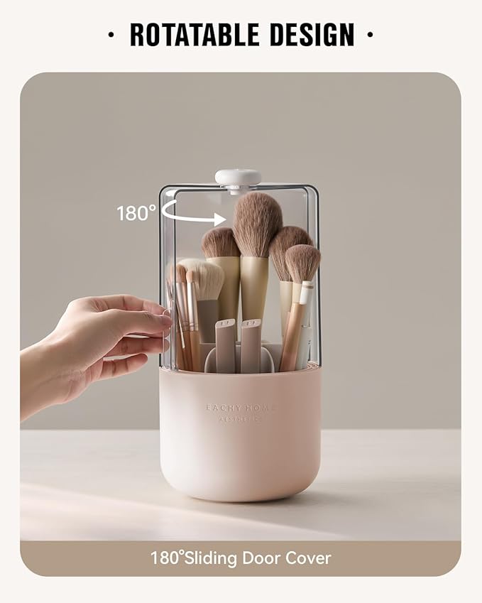EACHY Makeup Brush Holder 360° Rotating with Dustproof Lid Waterproof Material 7 Compartments for Organized Storage Stylish and Durable Design for Vanity (Pink)