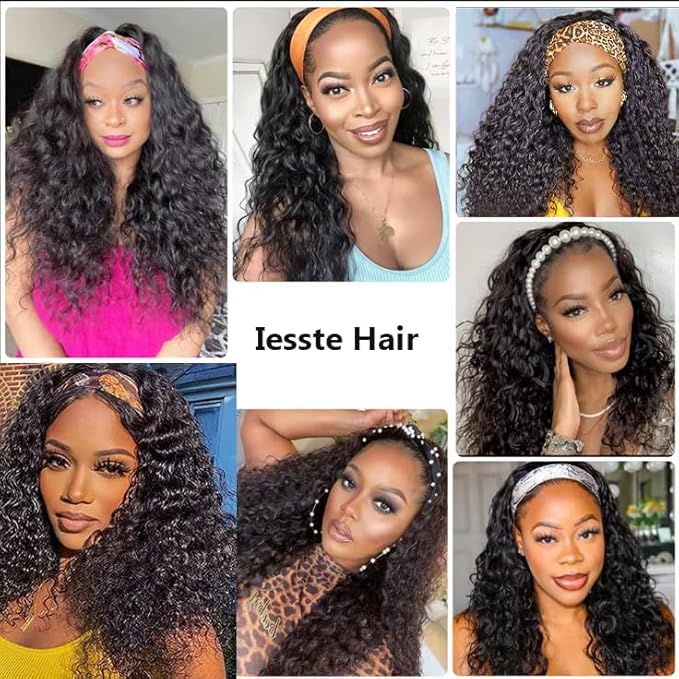 Headband Wig Human Hair Deep Wave 12 Inch Curly Headband Half Wigs for Black Women 12A Brazilian Human Hair Wigs Glueless None Lace Front Wig Natural Color