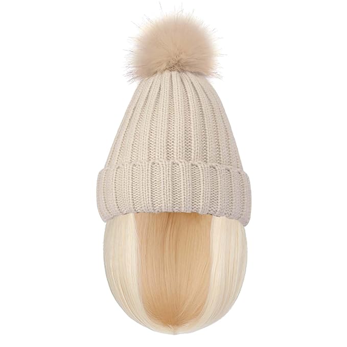YEKEYI Warm Knitted Beanie Hat with Hair Straight Hair Extension Synthetic Hairpiece Beanie Wig Hair Extensions