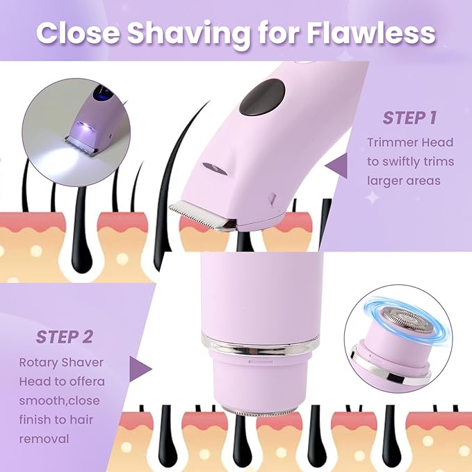 Bikini Trimmer for Women Upgraded 2-in-1 Electric Razors for Women with 2 Replaced Blades and LED Light Wet &amp Dry Use Electric Shaver Support 90 Mins Runtime for Face &amp Body &amp Intimate A