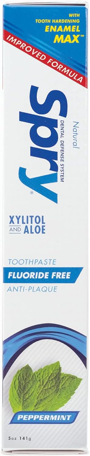 Spry Natural Xylitol Toothpaste 5oz for Adults and Kids - Fluoride Free Gentle for Sensitive Teeth Whitening and Remineralizing Breath Freshening Mouth Moisturizing Peppermint (Pack of 6)
