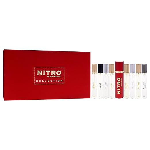 Nitro Collection by Dumont for Men ? 9pc Mini Gift Set: 8 x 0.34oz EDP Vials (Black Green Intense Platinum Red White Blue Nitro Pour Homme) + Travel Spray Case