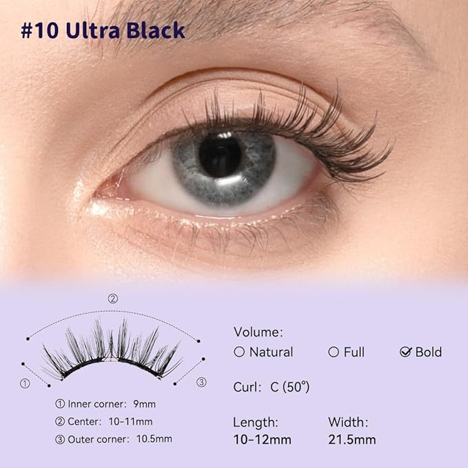 Soft Magnetic Eyelashes Kit with Applicator No.10 Ultra Black BearisBug Reusable Glue-free Wispy Magnetic Lashes Cruelty-free False Lashes Waterproof Lightweight Suit for Heavy Makeup
