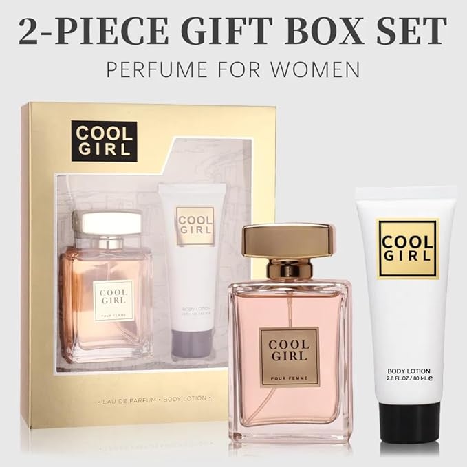Cool Girl 2-Piece Gift Set for Women Eau de Parfum and Body Lotion with Jasmine Ylang Orange Blossom Bergamot and Lemon Fragrance Perfect for Holiday Gifts and Special Occasions