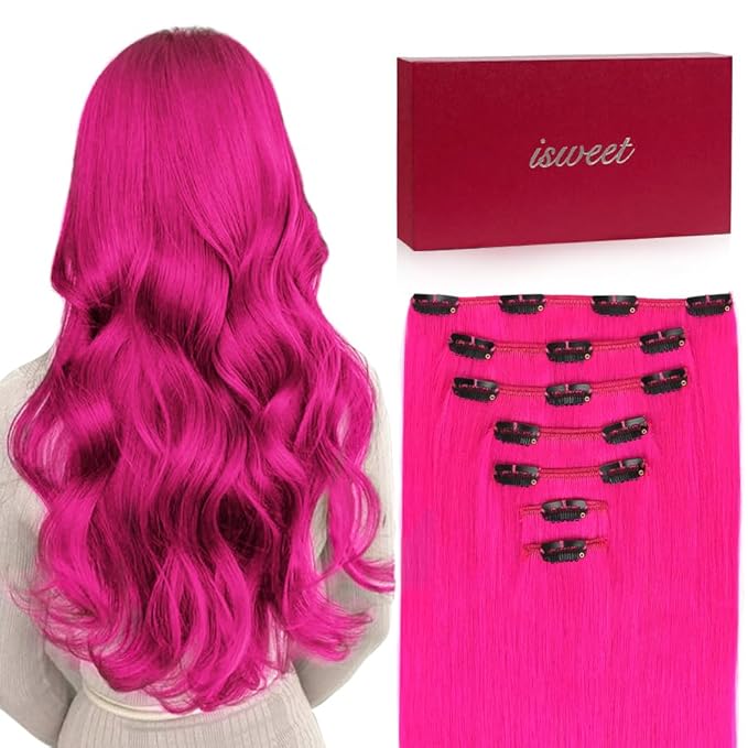 7Pcs Clip in Hair Extensions Real Human Hair 20 Inch 110g Hot Pink Soft Real Human Hair Extensions Clip ins Double Weft Hair Extensions Real Human Hair for Women
