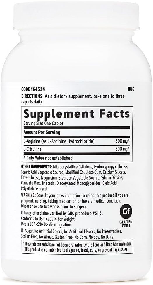 GNC L Arginine + L Citrulline 500mg Each Supplement Supports Nitric Oxide Production and Healthy Blood Vessel Tone 120 Servings