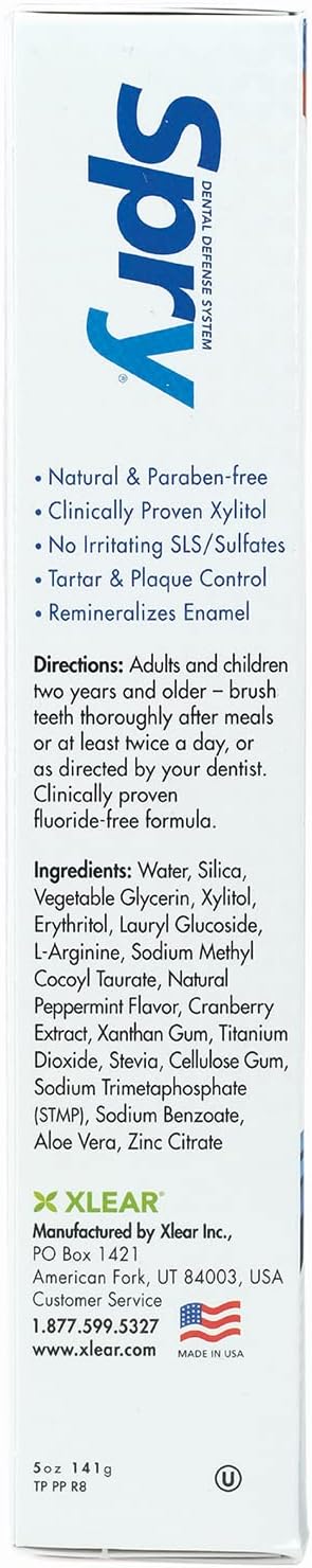 Spry Natural Xylitol Toothpaste 5oz for Adults and Kids - Fluoride Free Gentle for Sensitive Teeth Whitening and Remineralizing Breath Freshening Mouth Moisturizing Peppermint (Pack of 6)