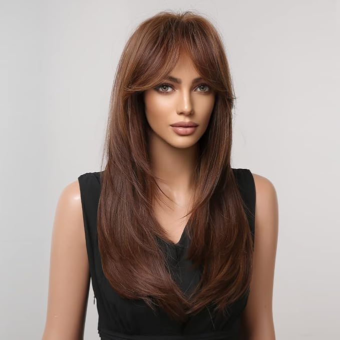 HAIRCUBE Long Layered Synthetic Hair Wigs for Women with Bang (Reddish Brown)