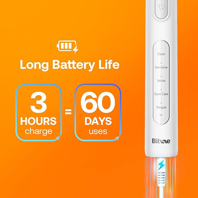 Bitvae R1 Rotating Electric Toothbrush for Adults and Kids with 60-Day Battery Life 8 Brush Heads Rechargeable Power Toothbrush 5 Modes Brushing Timer White