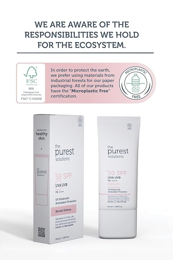 The Purest Solutions Blemish Defense (UV Shield with Antioxidant Protection SPF 50+) - 8h UVA Protection Arbutin &amp Niacinamide for Skin Tone Harmonization and Moisturizers - Vegan (50 ml)
