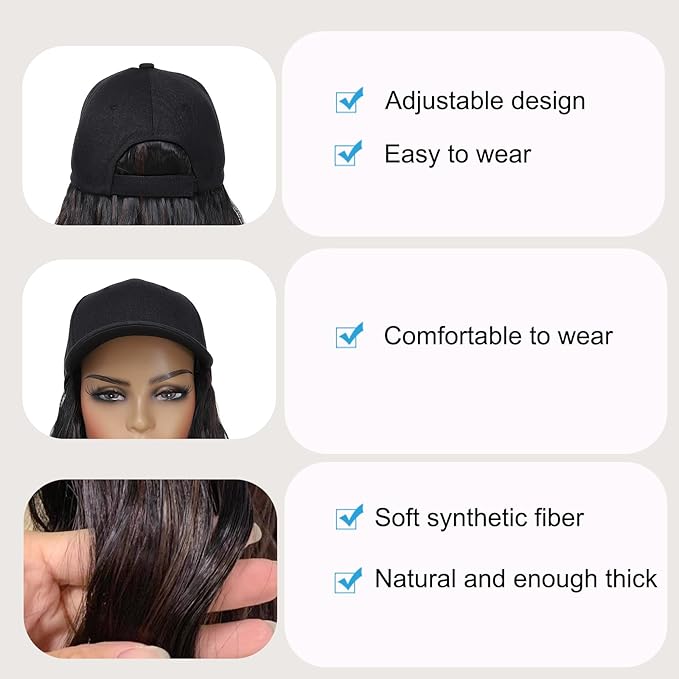 Baseball Cap Wig Hat With Hair Extensions Cap with Heat Resistant Synthetic Fiber Hairpieces attached for Women Girls Adjustable Long Wavy Wig for Daily Outdoor Use (B M1B brown)