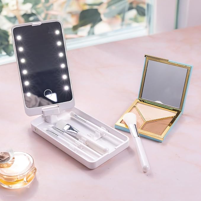Custom Travel Makeup Brush Set Personalized Name Birth Flower Makeup Brush Case With Rotatable LED Light Mirror 5 Pcs Makeup Brushes Valentine Mother's Day Gifts For Women Black White Pink