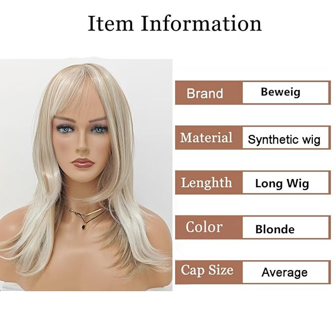 Long Mixed Blonde Layered Wig with Bangs Synthetic Replacement Wig for Women