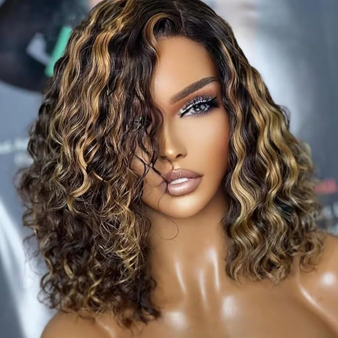 Honey Blonde Curly Short Bob Human Hair Wig Highlight 1b/27 Color Short Bob Brazilian Hair 13x6 HD Transparent Lace Front Wig Deep Wave Remy Hair Glueless Wigs with Baby Hair 150% Density 16inch