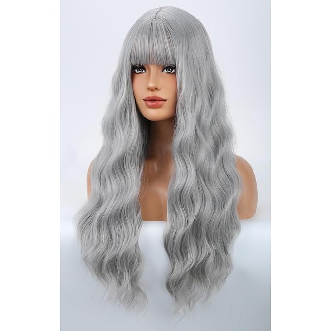 BERON Sliver Grey Long Curly Wae Wig with Bangs for Women Girls Gray Wavy Heat Resistant Synthetic Wigs Cosplay Costume Daily Party Wig
