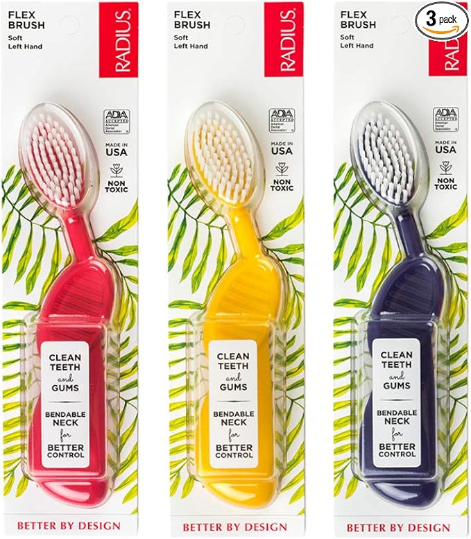 RADIUS Flex Brush with Soft Bristles Toothbrush BPA Free &amp ADA Accepted Designed to Improve Gum Health &amp Reduce Issues - Left Hand - Purple/Watermelon/White - Pack of 3