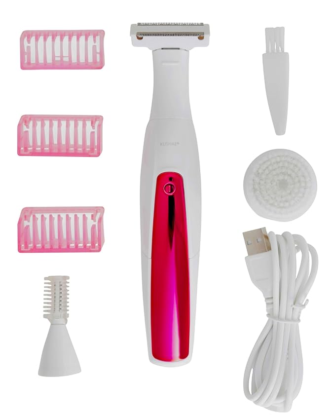 Kushae 3-in-1 Razor Kit for Women - Female Shaving Razor - Eyebrow Trimming Tool - Waterproof Cleansing Device - Rechargeable Hair Removal Trimmer for Legs Bikini Underarms Face &amp Hands
