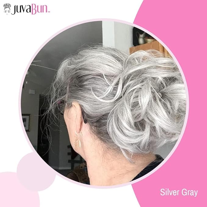 Juvabun Hair Extensions Silver Gray ? Soft Curly Hair Extensions Clip-In for Natural Volume &amp Quick Updo Styling Hair Bun Maker