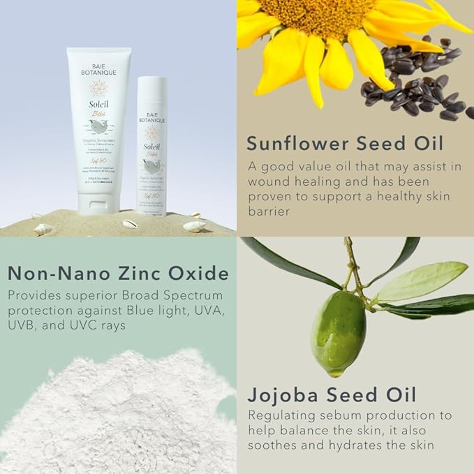 Baie Botanique Soleil B?b? - Organic Non-Toxic Mineral Baby Sunscreen SPF 50 - Sunflower &amp Jojoba - Unscented - Natural - Vegan - No White Cast - Reef Safe - UVA/UVB - 100g
