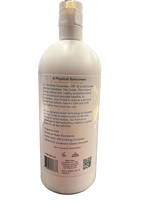 I.C. Industrial Sunscreen Mineral Based SPF 36 Physical Zinc Protection Full Broad Spectrum 80 Minute Sweat &amp Water Resistant Heat Stress Anti-Inflammatory Properties. USA 32oz Bottle (ISSC-32)