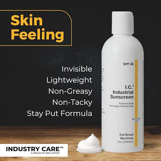 I.C. Industrial Sunscreen Mineral Based SPF 36 Physical Zinc Protection Full Broad Spectrum 80 Minute Sweat &amp Water Resistant Heat Stress Anti-Inflammatory Properties. USA 32oz Bottle (ISSC-32)