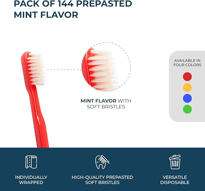 The Essentials Dreams 144 Pack Disposable Toothbrushes with Mint Toothpaste Individually Wrapped - Prepasted Single Use Toothbrush with Soft Bristles for Camping Hotels Travel Airbnb