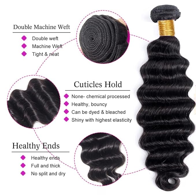 Loose Deep Wave Human Hair Bundles 100% Unprocessed Brazilian Virgin Remy Hair Extension (18 20 22 24 Inch) Natural Black Color for Women Soft and Full No Tangle and Shedding