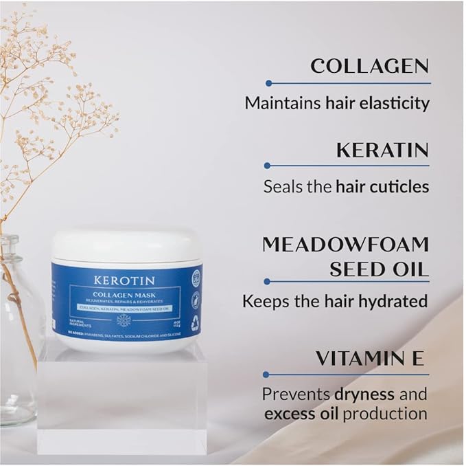 Kerotin Collagen Hair Mask - Hair Treatment Conditioner with Keratin Collagen and Vitamin E Repair Damaged Hair Prevent Breakage and Control Frizz. Made in the USA (16 fl oz 2 units)