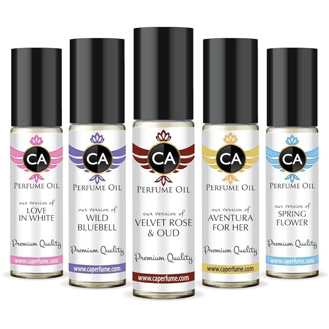 CA Perfume Niche Women Set Impression of (Love in White + Spring Flower + Aventura for Her + Velvet Rose Oud + WildBlubell) Fragrance Body Oils Travel Size Roll-On (0.3 Fl Oz/10 ml) Pack of 5