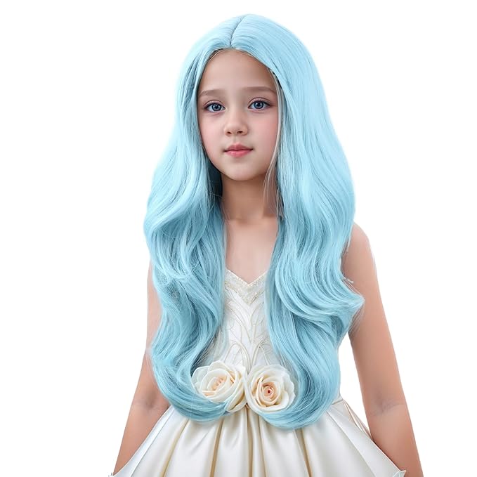 Kid Ice Blue Wig Long Light Blue Wavy Curly Wig for Child Girl Middle Part Wigs Heat Resistant Synthetic Wigs with Cap