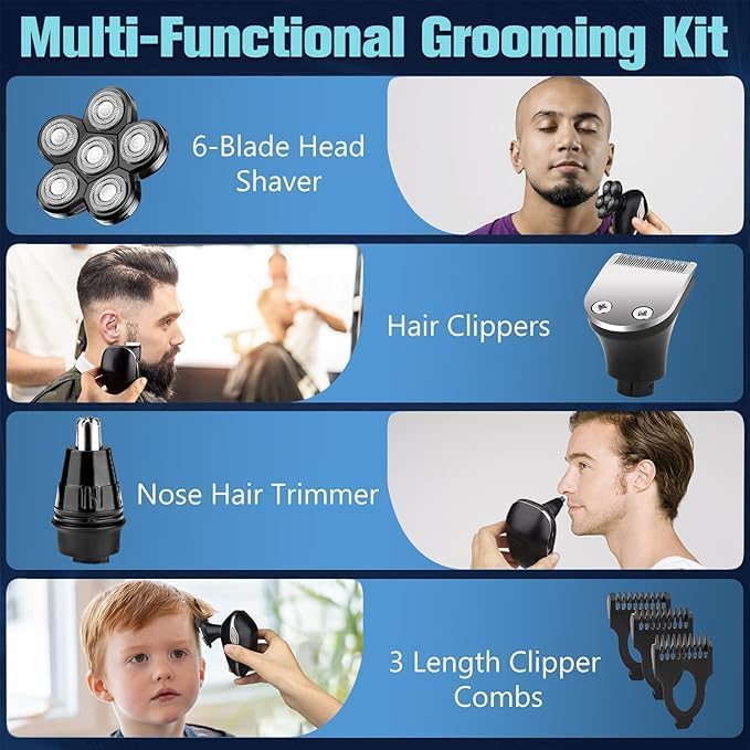 Electric Shaver for Men 6 in 1 Electric Razor for Men IPX7 Wet/Dry Waterproof Men's Shavers Rotary Head with Shavers Kit LED Display Gifts for Husband DadBoyfriend (Silver)