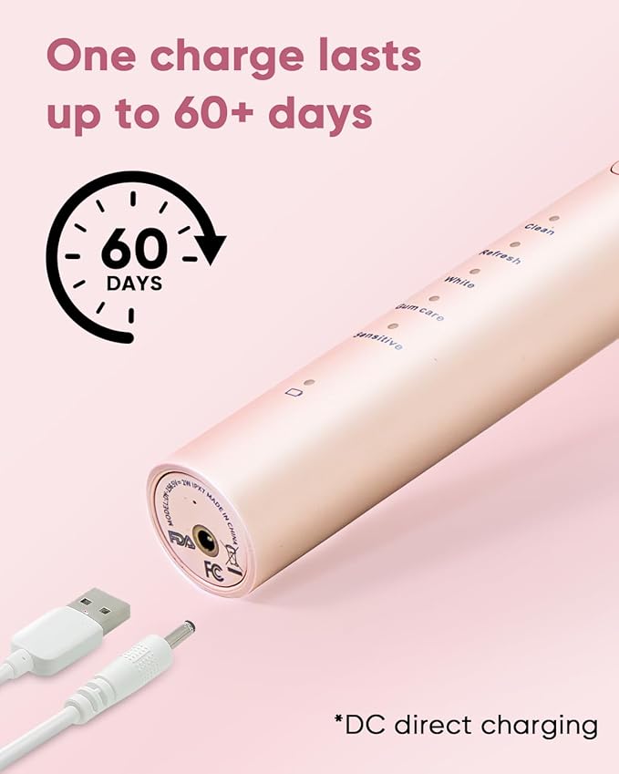 MySmile DY156 Electric Toothbrush for Adults Rechargeable Sonic Battery Toothbrush Portable with 3 Brush Heads 2 Mins 5 Modes Smart Timer 45000VPM One Charge for 60 Days - Pink