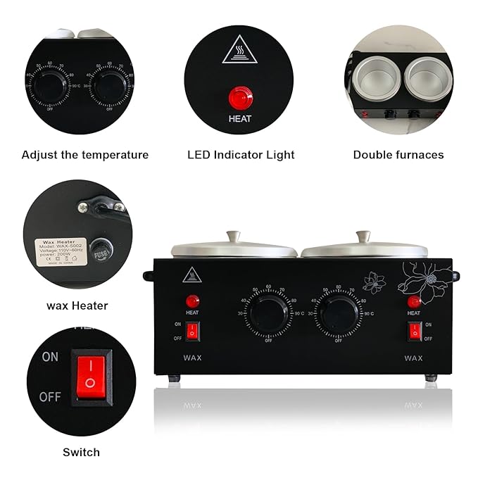 Black Double Pots Wax Warmer Professional Melted Wax Beads for Hair RemovalFast Electric Wax Heater with Adjustable Temperature Set for Women (Black-Double Pots)