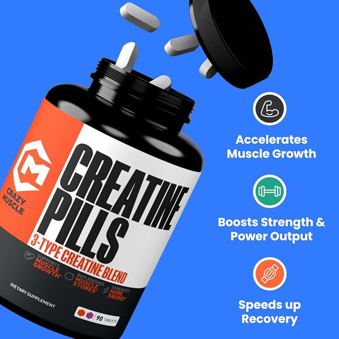Crazy Muscle Creatine Pills 5g 3X Pure Creatine Monohydrate Pre Workout Muscle Mass Gainer High Absorption ThreeAtine Performance Men Women Tablets - 30 servings